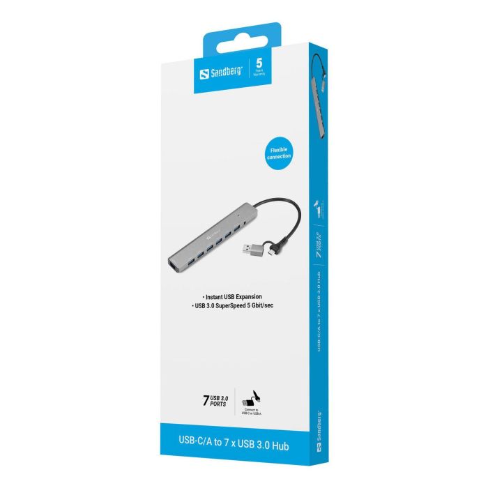 Sandberg Hub USB-C/A a 7 x USB 3.0 para Conectar Múltiples Dispositivos, Compatible con Portátiles y Ordenadores 2