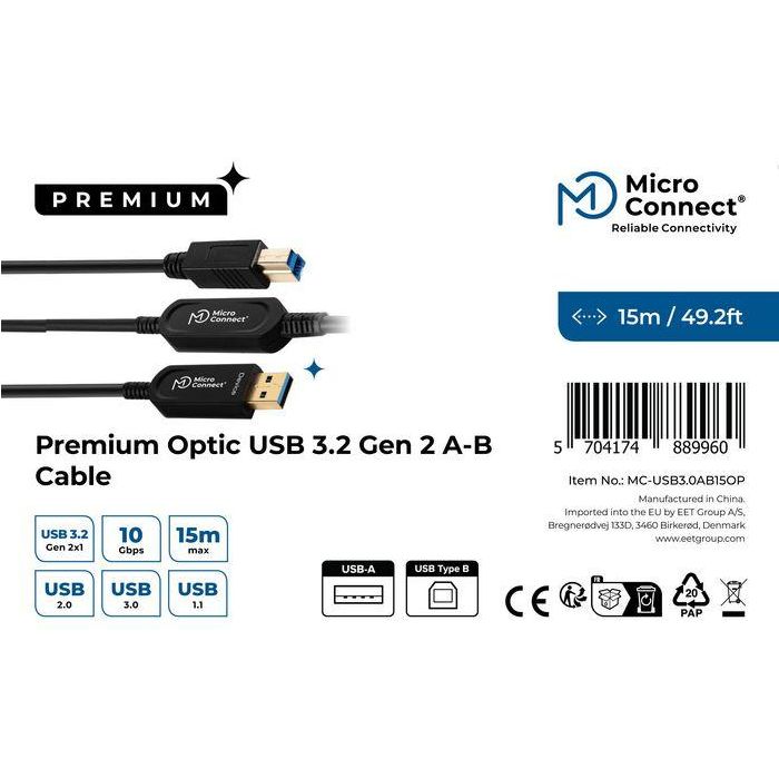 MicroConnect Cable de fibra óptica USB 3.2 Gen 2 A-B 15m - Activo 10Gbps para Impresoras, Escáneres, Cámaras de Reuniones 2