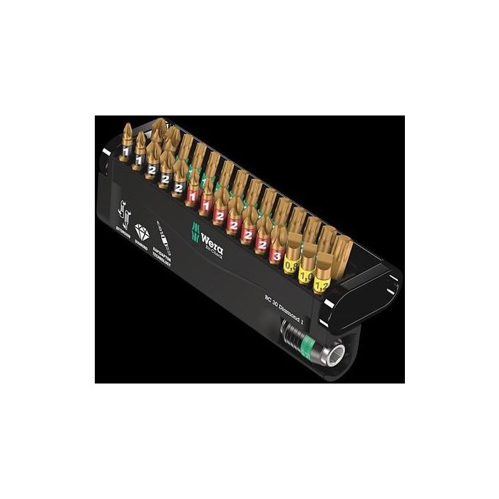Wera Bit-Check 30 Diamond 1 Juego de 30 Puntas Phillips, Pozidriv, Torx Magnético 1/4" con Estuche