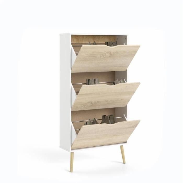 Zapatero - Blanco / Roble - 12 pares - Base acampanada de madera maciza - 70,2 x 23,9 x 138,9 cm 3 Zapatero - Blanco / Roble - 12 pares - Base acampanada de madera maciza - 70,2 x 23,9 x 138,9 cm 3