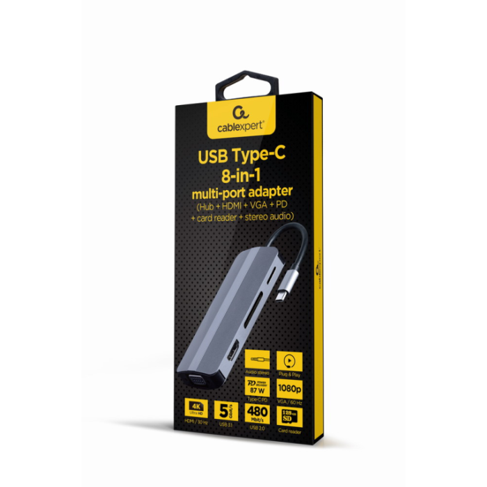 Gembird A-CM-COMBO8-02 Hub USB-C 8 en 1 con HDMI, Power Delivery 87W, Ethernet, Lector SD/MicroSD, Plata Gembird A-CM-COMBO8-02 Hub USB-C 8 en 1 con HDMI, Power Delivery 87W, Ethernet, Lector SD/MicroSD, Plata
