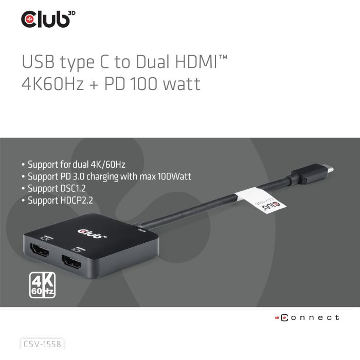 Club3D MST-Hub USB 3.2 Typ C > 2x HDMI 4K60Hz +100W PD St/Bu retail 1 Club3D MST-Hub USB 3.2 Typ C > 2x HDMI 4K60Hz +100W PD St/Bu retail 1