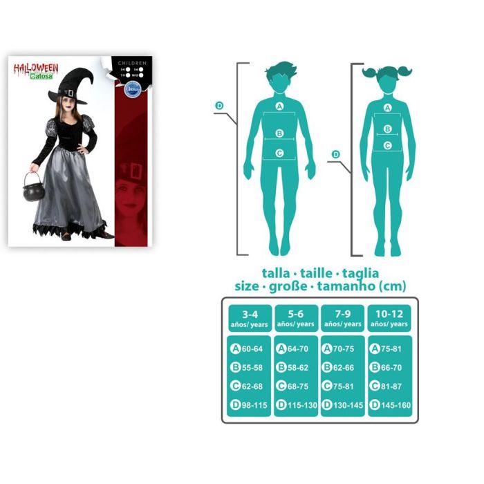 Disfraz Bruja Infantil 10-12 Años Halloween Sombrero Vestido Gris Negro Brillante