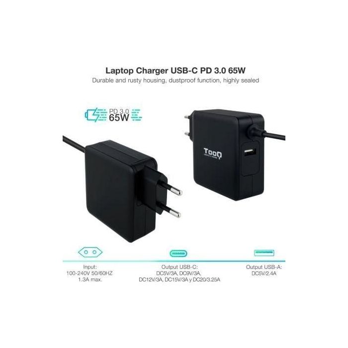 TooQ TQLC-USBC65PD Cargador de Portátil USB Tipo-C 65W Power Delivery 3.0 con USB-A y Voltaje 5-20V compatible con Mac Negro 1 TooQ TQLC-USBC65PD Cargador de Portátil USB Tipo-C 65W Power Delivery 3.0 con USB-A y Voltaje 5-20V compatible con Mac Negro 1