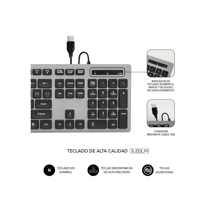 Teclado Subblim Wired Ergo Keys Silent Flat HQ/ Gris 1