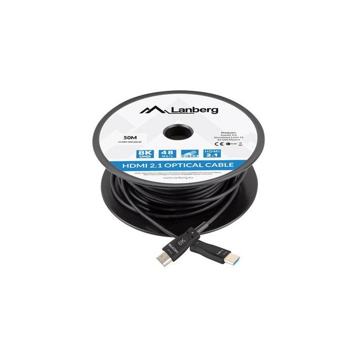 Lanberg Cable HDMI V2.1 M - 50 metros, Soporte 8K HDR, Alta Velocidad 48 Gb/s, Conectores Chapados en Oro, Doble Apantallamiento, Cobre y Fibra de Vidrio 3