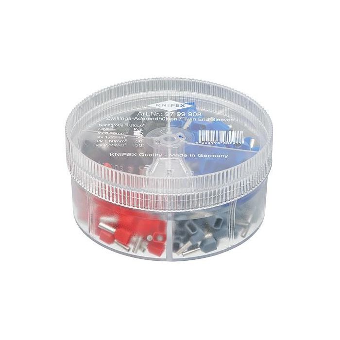 Knipex 97 99 908 Sortiment aisladas Zwillings-Aderendhülsen – Negro, Azul, Rojo, Plata, Amarillo – Calibre 18 AWG