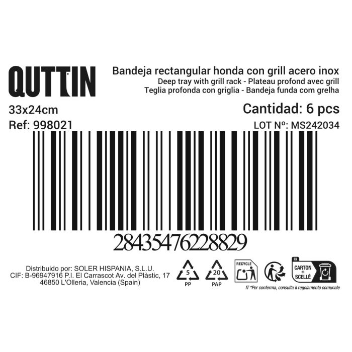 Bandeja rectangular con grill Quttin 33x24 cm (6 Unidades) 5 Bandeja rectangular con grill Quttin 33x24 cm (6 Unidades) 5