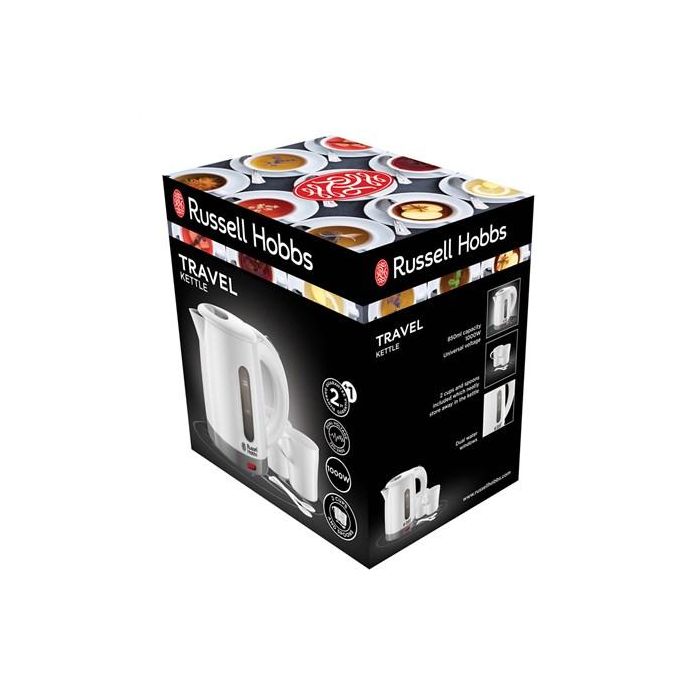 Russell Hobbs Hervidor Travel 23840-70, Hervidor de Viaje 0.85L, Blanco, Compacto y Ligero con Tazas Incluidas 6