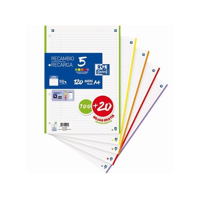 Oxford Recambio 100H + 20H Gratis A4 OptikPaper 90 gr, 5 Bandas Colores, 4 Taladros, Compatible con SCRIBZEE