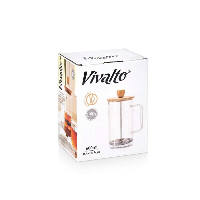 Tetera con émbolo de borosilicato y tapa de bambú 600 ml Vivalto - 13.5x19x9 cm (8 Unidades) 2 Tetera con émbolo de borosilicato y tapa de bambú 600 ml Vivalto - 13.5x19x9 cm (8 Unidades) 2