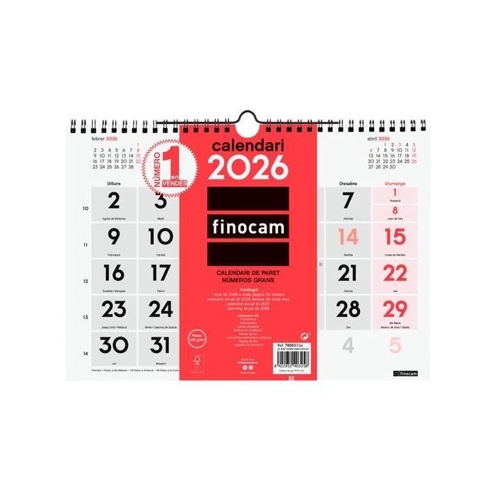 Finocam Calendario de Pared Números Grandes M-300x210 mm Mv Neutro 2026 Catalán, con espiral y colgador