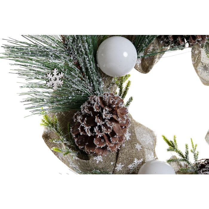 DKD Home Decor Corona Navidad Alpina Verde y Blanca, Copos Nieve y Piñas PVC, Ø 50 cm x 14 cm