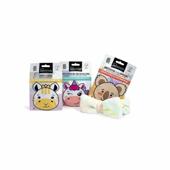 IDC INSTITUTE Set de Spa Cute Animals 4 pz - Diadema y 3 Mascarillas Faciales Purificantes, Hidratantes e Iluminadoras 1