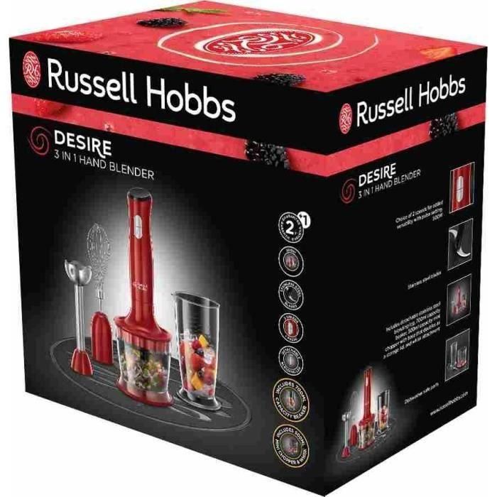 RUSSELL HOBBS 24700-56 - Batidora manual 3 en 1 Desire - 500 W - Base de acero inoxidable - 2 velocidades - Tazón de 0.5 L - Rojo 1