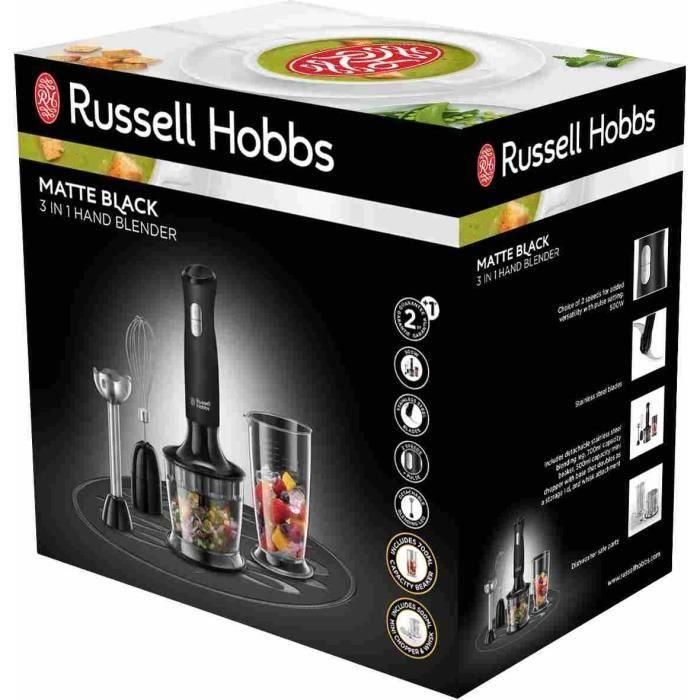 Batidora de Mano 3 en 1 - RUSSELL HOBBS - Negro Mate 24702-56 - 500 W - Bol 700 ml - Picadora 500 ml - 2 velocidades 3