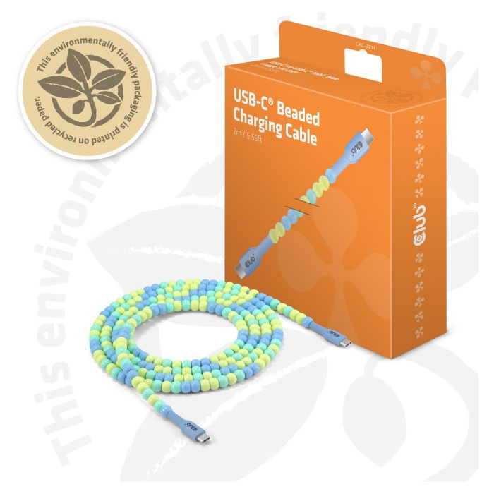 Club3D Lifestyle Perlen-Kabel USB-C a USB-C PD 60W 480 Mbps 2 m Cable Azul y Verde para Datos y Carga Rápida 8