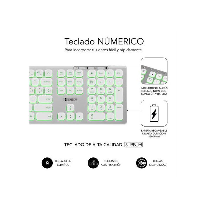 Subblim SUBKB-3MIE300 Teclado Inalámbrico Master Plata y Blanco Dual Bluetooth 5.2 y 2.4G Retroiluminado Multidispositivo 3 Numérico Español Recargable USB-C 5 Subblim SUBKB-3MIE300 Teclado Inalámbrico Master Plata y Blanco Dual Bluetooth 5.2 y 2.4G Retroiluminado Multidispositivo 3 Numérico Español Recargable USB-C 5