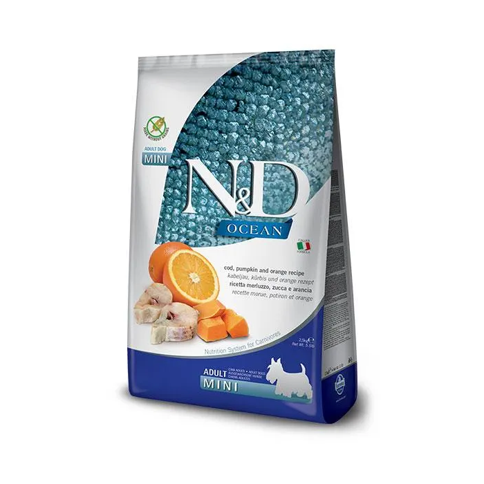 Farmina N&D Dog Ocean Pumpkin Mini Bacalao 800 gr - Alimento para perros adultos raza pequeña con calabaza, bacalao y naranja, rico en Omega-3 Farmina N&D Dog Ocean Pumpkin Mini Bacalao 800 gr - Alimento para perros adultos raza pequeña con calabaza, bacalao y naranja, rico en Omega-3
