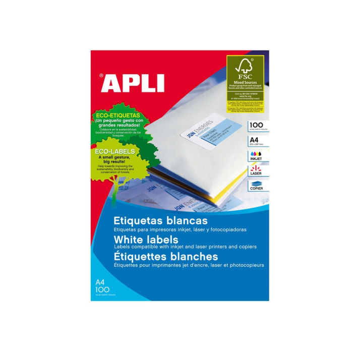 Apli Etiquetas Adhesivas 70x50,8 mm Rectas 15x100 Hojas Inkjet/Láser Blanco 1