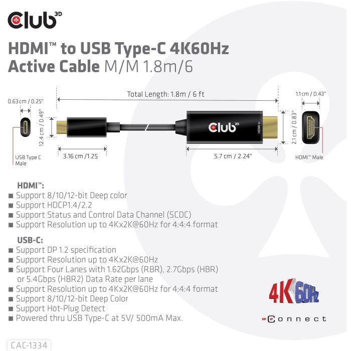 Club 3D CAC-1334 Cable HDMI a USB-C, Activo 4K60Hz, 1.8m, Negro 3