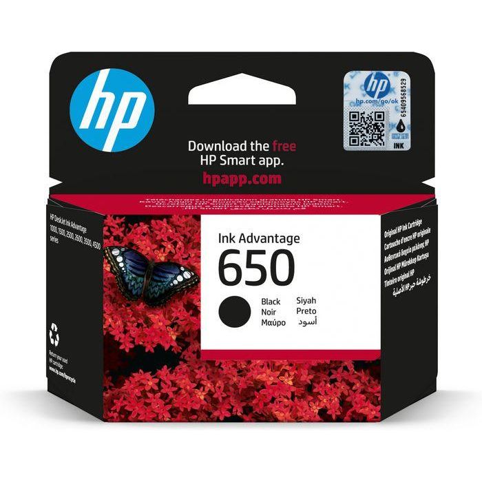 HP 650 Cartucho de Tinta Original Negro de Alto Rendimiento. Imprime textos nítidos y gráficos precisos, con hasta 70% material reciclado.