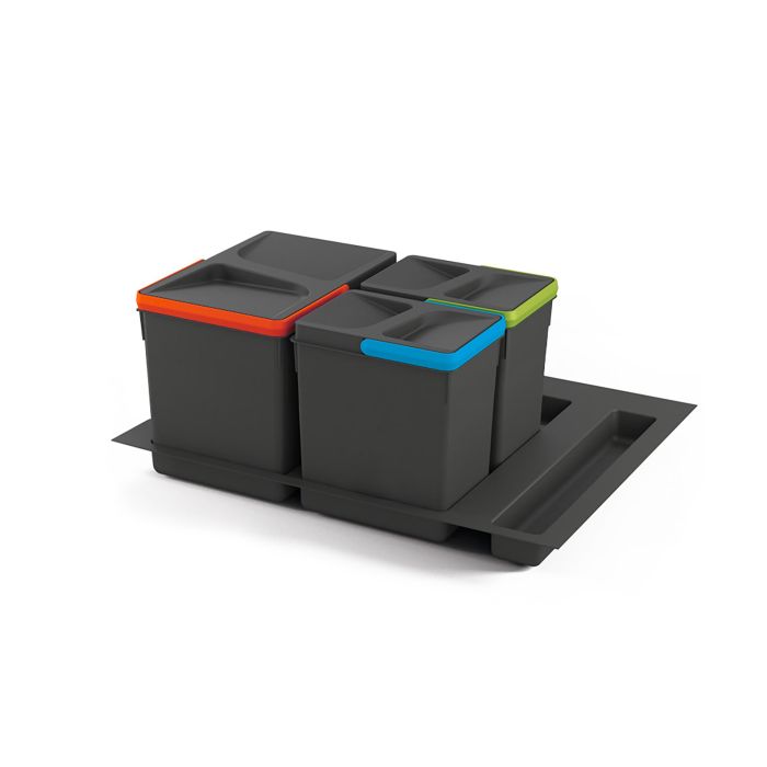 Emuca Kit de contenedores de reciclaje para cajón de cocina con base Recycle altura 216mm, 1x12litros, 2x6litros, módulo 600mm, Plástico gris antracita