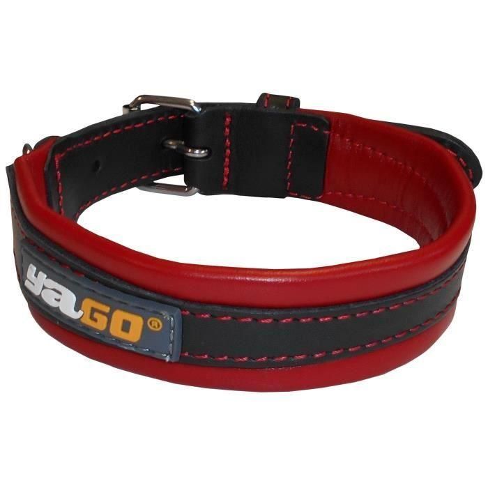 Collar de cuero negro y rojo suave y ajustable YAGO para perros medianos, talla M 34-43 cm