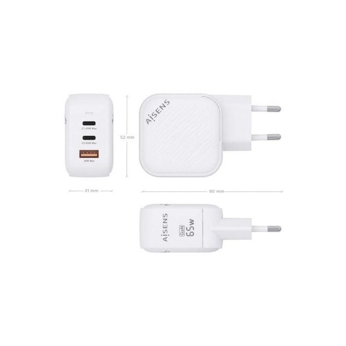 AISENS - CARGADOR GaN 65W, 2xUSB-C PD3.0 QC4.0, 1xUSB-A QC3.0, BLANCO 3 AISENS - CARGADOR GaN 65W, 2xUSB-C PD3.0 QC4.0, 1xUSB-A QC3.0, BLANCO 3