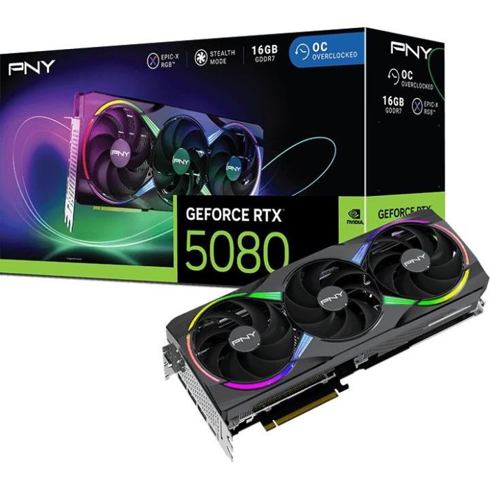 PNY VCG508016TFXXPB1-O GeForce RTX 5080 16GB GDDR7 OC con 3 ventiladores ARGB para Gaming 9