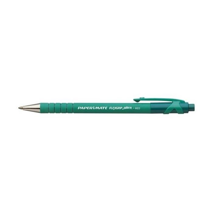 PAPER MATE Bolígrafo Retráctil Flexgrip Ultra RT, Punta Mediana, Tinta Verde, 12 Unidades, 1 mm