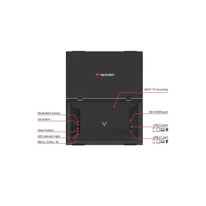 Verbatim Portable Dual Monitor Essentials 15.6" FHD 1920x1080 IPS 2x1W HDR USB-C HDMI Negro 2 Verbatim Portable Dual Monitor Essentials 15.6" FHD 1920x1080 IPS 2x1W HDR USB-C HDMI Negro 2