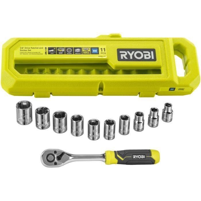 Caja de 1 llave de 90 dientes (ángulo de 4°) y 10 vasos de 3/8'' (de 8 a 15 mm, 16 y 17 mm) - Caja compatible con Ryobi LINK 4