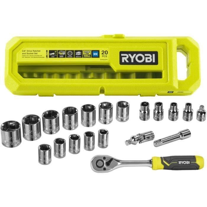 Caja de 1 llave de 90 dientes (ángulo de recuperación de 4°) y 16 vasos (de 7 a 24 mm), adaptador hexagonal de 1/4'' - hexagonal de 3/8'' - compatible con Ryobi