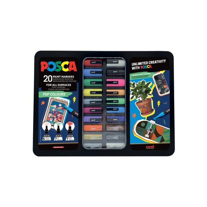 Posca Rotulador marcador de pintura, base agua no tóxico, punta cónica, maletín metálico 20 unidades colores surtidos