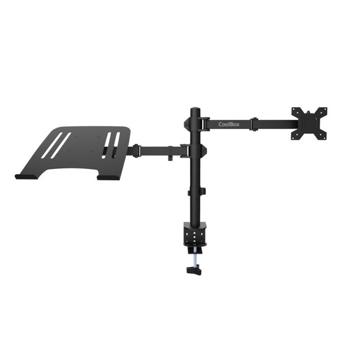 Coolbox Soporte de Monitor doble brazo para 2 monitores de hasta 32" o 1 monitor y portátil de 17", abrazadera, VESA 75/100, acero negro mate, 8 kg Coolbox Soporte de Monitor doble brazo para 2 monitores de hasta 32" o 1 monitor y portátil de 17", abrazadera, VESA 75/100, acero negro mate, 8 kg