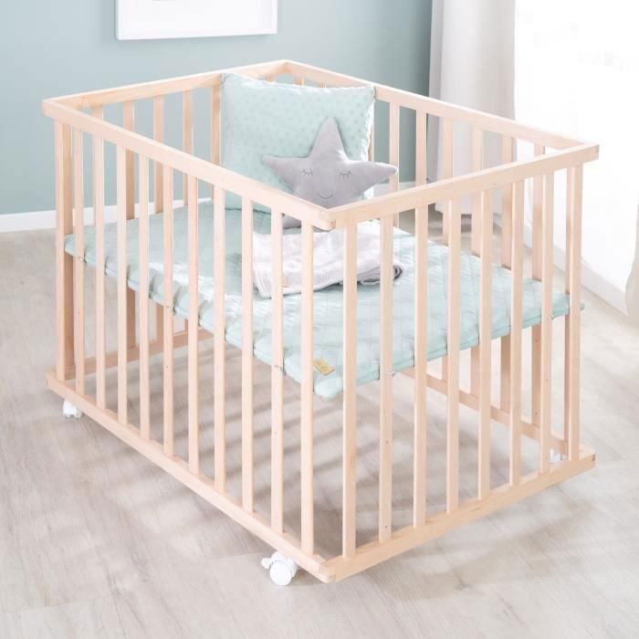 Parque infantil ROBA - 75 x 100 cm - Incluye colchoneta verde mate estilo Roba - Ruedas - Madera natural 3