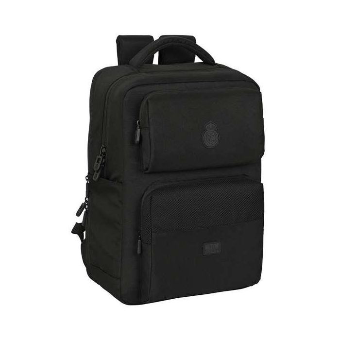 Safta Mochila Real Madrid Premium para portátil de 15,6'' con USB y 2 Bolsillos, Color Negro, 31x44x13cm