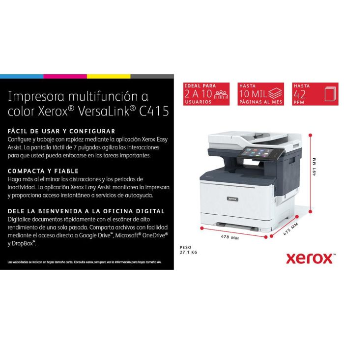 XEROX EQUIPO MULTIFUNCION COLOR VERSALINK C415 A4 COLOR, 40PPM, DUPLEX, COPY/PRINT/SCAN/FAX, PS3 PCL5E/6, BANDEJA 250 HOJAS, ETHERNET 10/100/1000, PROCESADOR 1. 11