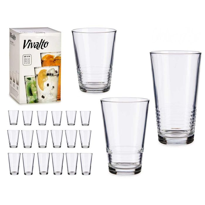 Set 18 Vasos Lineas Vivalto - Vidrio Transparente, 230 ml, 340 ml, 510 ml (3 Unidades) Set 18 Vasos Lineas Vivalto - Vidrio Transparente, 230 ml, 340 ml, 510 ml (3 Unidades)
