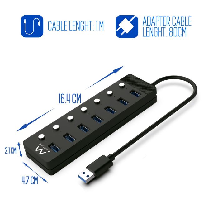 Ewent EW1147 Hub USB 3.0 de 7 Puertos con Interruptor y Adaptador de Corriente Incluido 3