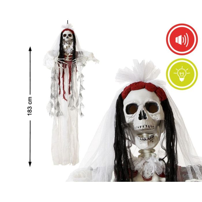 Figura Colgante Novia Esqueleto Con Vestido Blanco 183 cm, Luz Y Sonido, Decoración Halloween