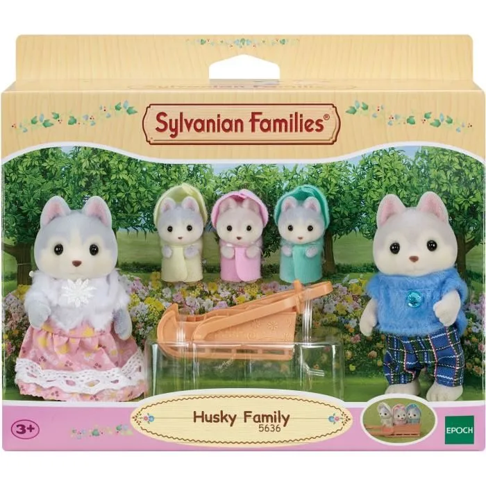Sylvanian Families Familia Husky Mamá Papá Trillizos Muñecos Articulados con Ropa 4