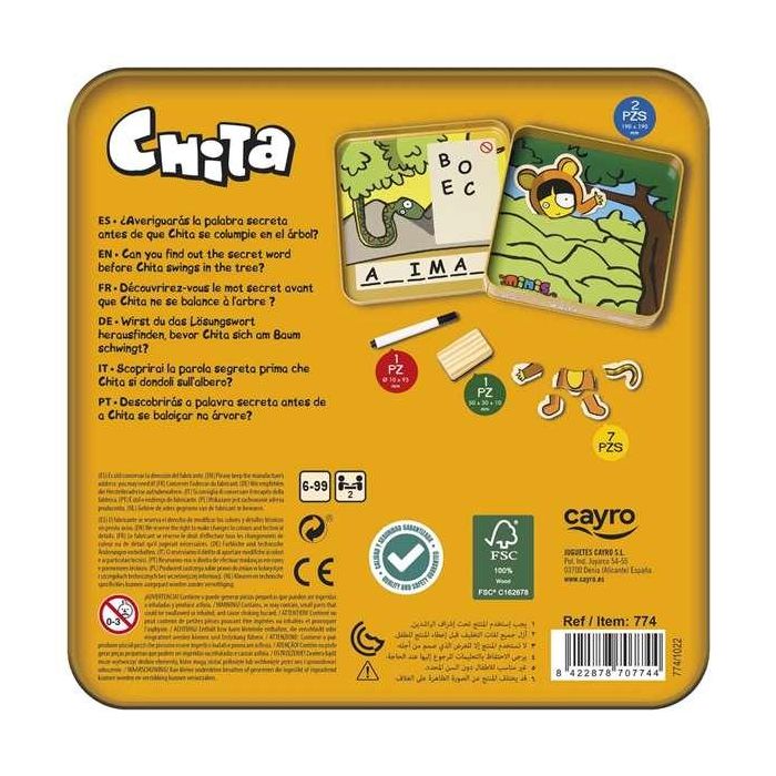 Cayro Juego Ahorcado Chita de Madera en Caja de Metal, 8 Piezas, 2 Jugadores, 19x19x3.5cm 3 Cayro Juego Ahorcado Chita de Madera en Caja de Metal, 8 Piezas, 2 Jugadores, 19x19x3.5cm 3