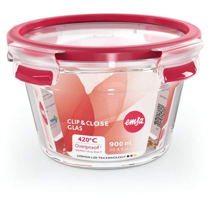 Emsa N10404 Clip & Close Glas Frischhaltedose rund 0.9 L Transparent/Rot 1 Emsa N10404 Clip & Close Glas Frischhaltedose rund 0.9 L Transparent/Rot 1