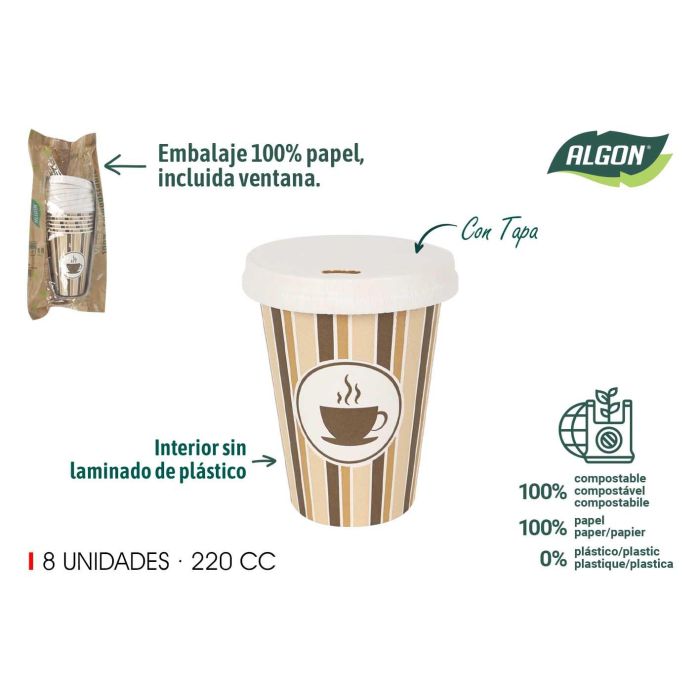 Set de 8 vasos de cartón con tapa 220 cc - Algon (20 Unidades) Set de 8 vasos de cartón con tapa 220 cc - Algon (20 Unidades)