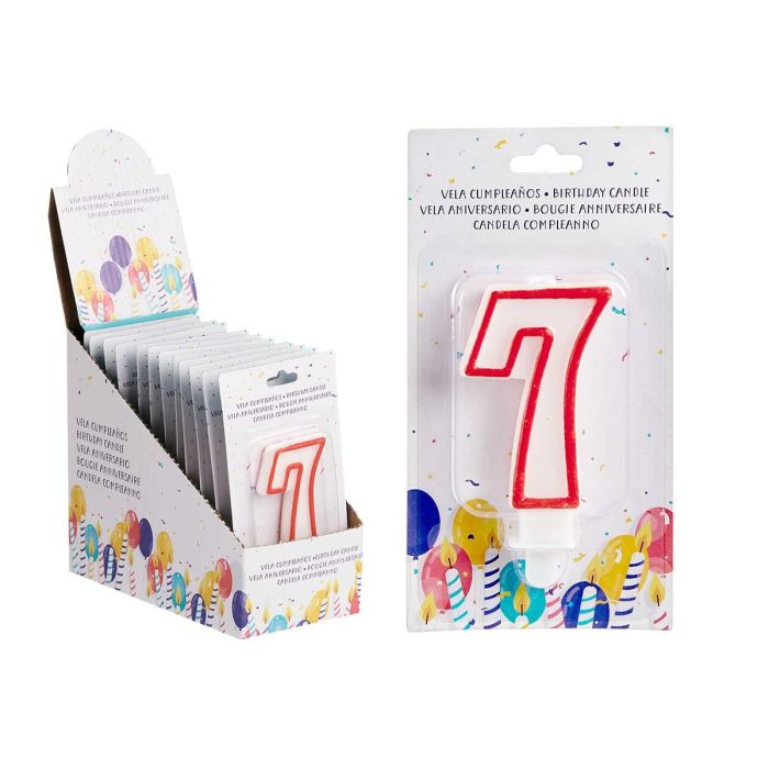 Vela Cumpleaños Número 7 Blanca con Borde Rojo - Arte Regal 4.2x8.2x1 cm (72 Unidades) 2 Vela Cumpleaños Número 7 Blanca con Borde Rojo - Arte Regal 4.2x8.2x1 cm (72 Unidades) 2