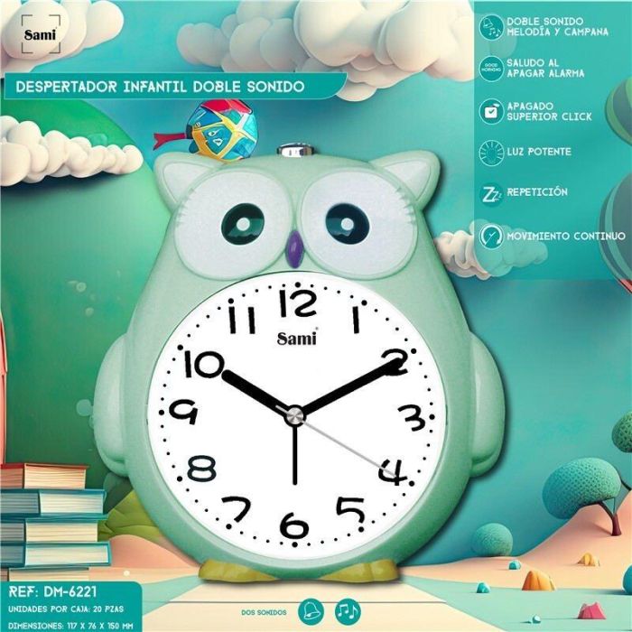 SAMI Despertador Infantil Muñeco Búho con Melodía y Campana para Niños