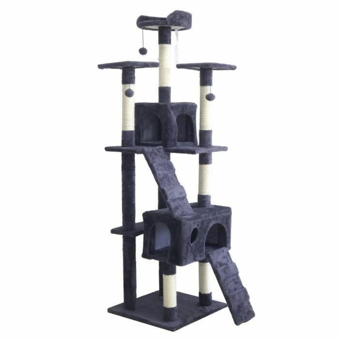 Billy ALC18 Árbol para Gatos Grande 170 cm, Poste Rascador Sisal Ø 7cm, 2 Cabinas, 5 Plataformas, Pelotas de Juego - Gris