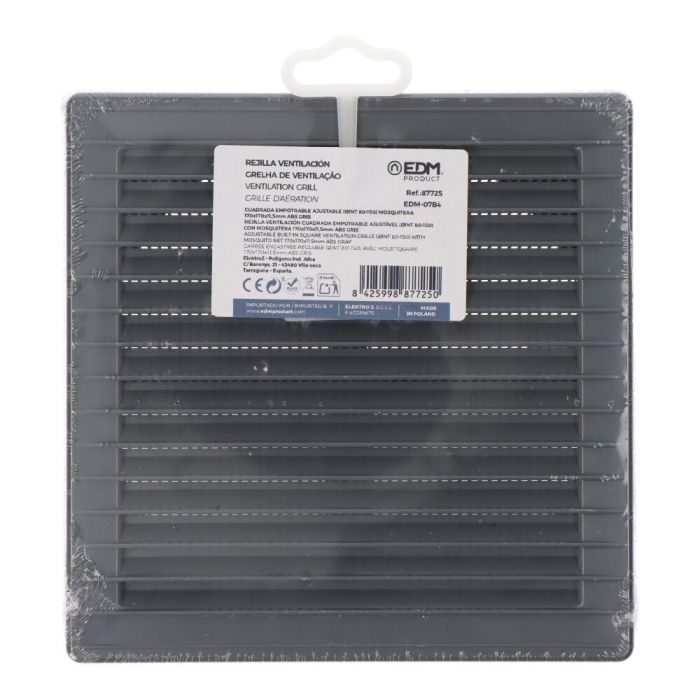 Edm Rejilla Ventilación Cuadrada Empotrable Ajustable Ø 80-150 mm 170x170x11,5mm ABS Gris con Mosquitera 2